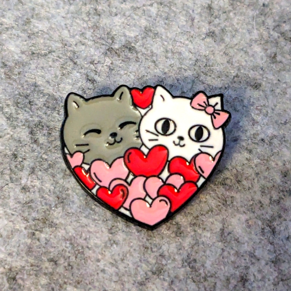 Cats Valentines Pin - Grey & White Kitties in a Heart Enamel Lapel Brooch
